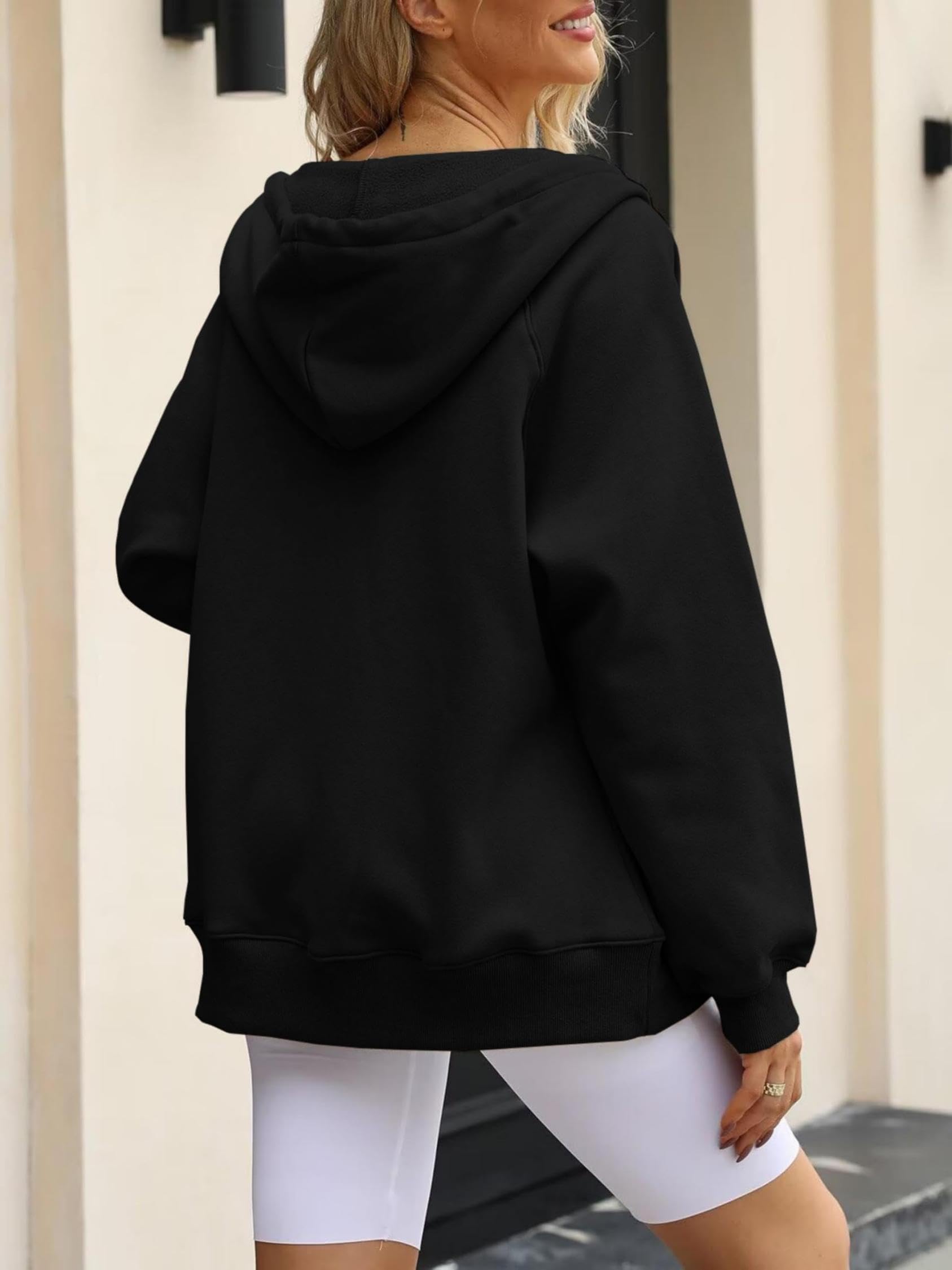 Timuspo Zipper Hoodie Damen Langarm Kapuzenjacke Sweatjacke Oversize Reißverschluss Fleece Sweatshirt Einfarbig Herbst Jacken Y2k Kapuzenpullover