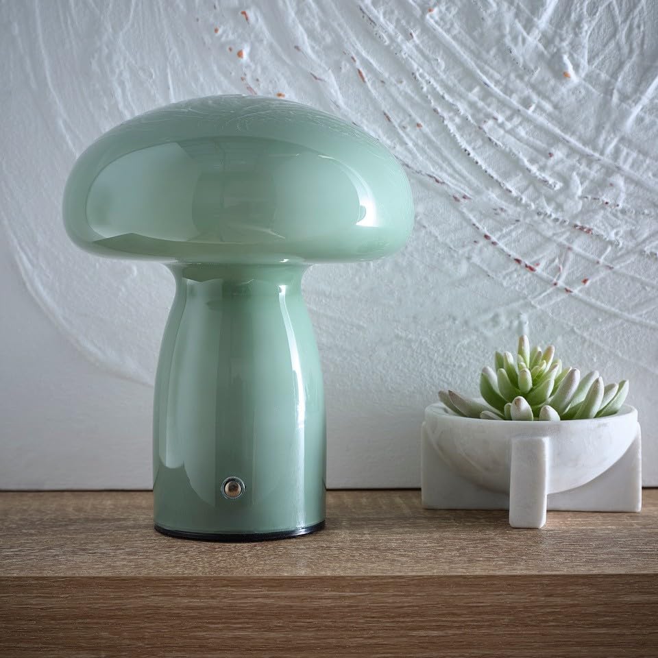Mushroom Toadstool Glass Table Lamp in White, Duck Egg Blue, Green, Lemon, Mocha and Brown - Rechargeable Lamps (Green)