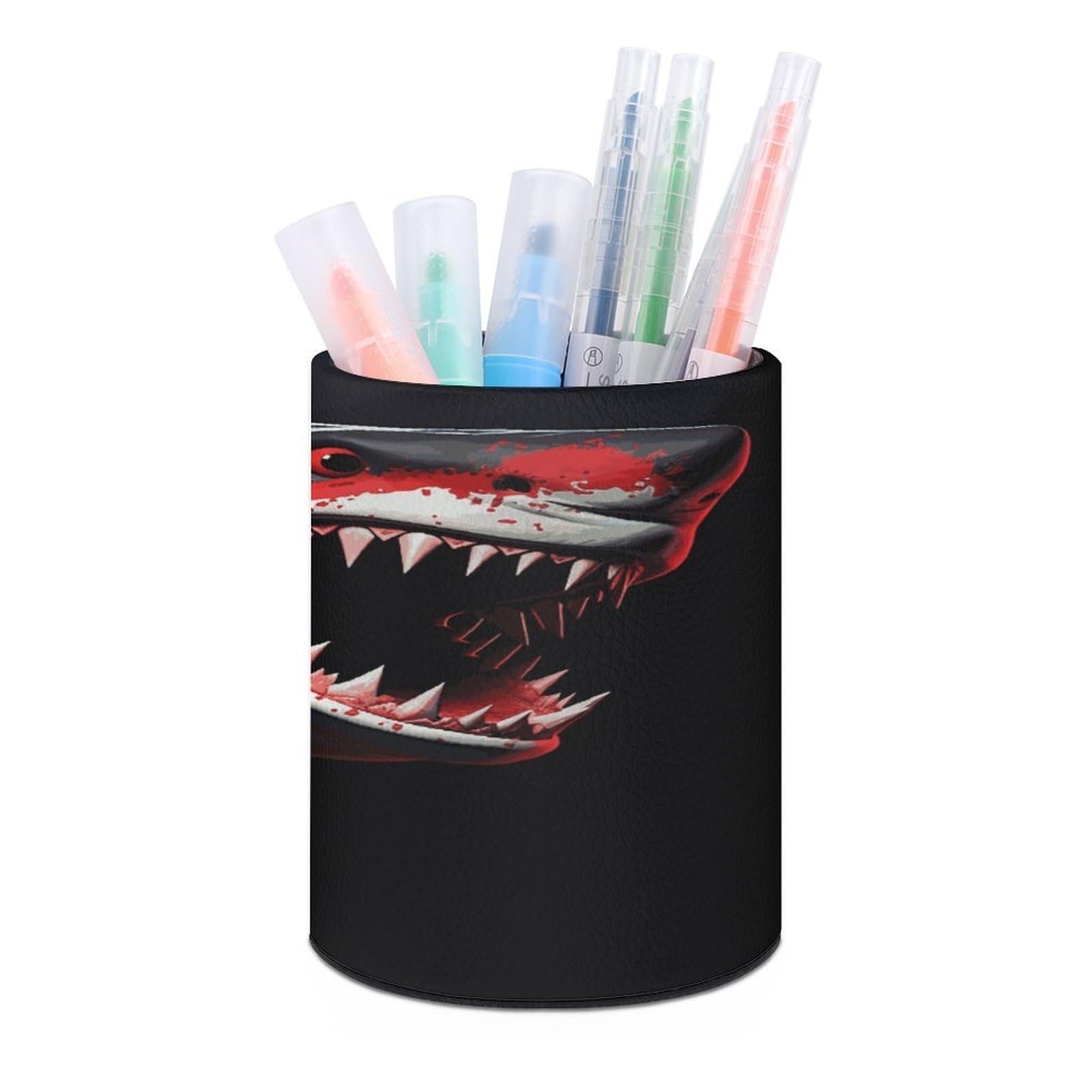LDGSUPH Red-black Shark Round Pen Holder Leather Pen Cup Pencil Cup Pen Organizer Pencil Holder for Desk Organizer Pencil Organizers Makeup Brush Holders for Home Office Gift