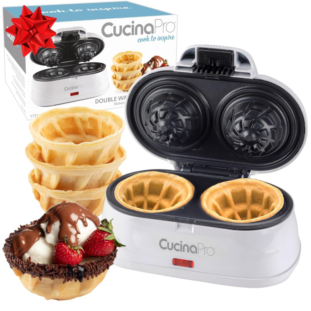 Double Waffle Bowl Maker- Make two 4″ Ice Cream Cone Bowls at Once in Just Mins- Holiday Dessert Appliance for Yogurt Fruit Snacks- Nonstick Iron Easy Clean Electric Kitchen Gadget w Recipes Xmas Gift