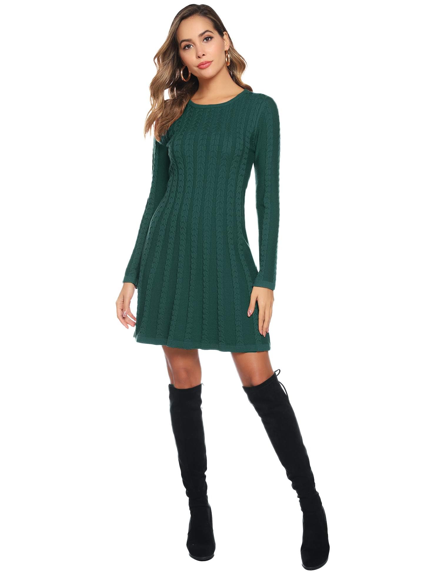 Gyabnw Vestito Casual Donna Invernale in Maglione Abito Vita Alta Elegante in Girocollo di Orlo Svasato Abito Linea A in Maglia al Ginocchio Caldo di Moda Treccia Ritorta