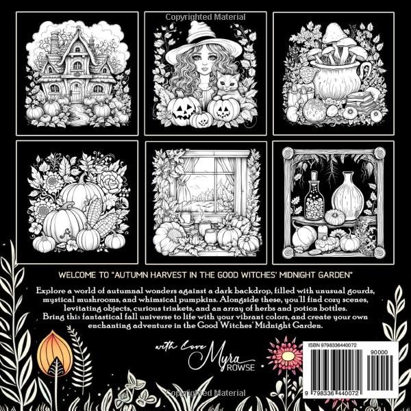 Image of Autumn Harvest in the Good Witches' Midnight Garden: A Witchy Cottagecore Fall Coloring Book for Adults Featuring Mystical Cozy Scenes, Whimsical Pumpkins, and Bizarre Trinkets on Black Background
