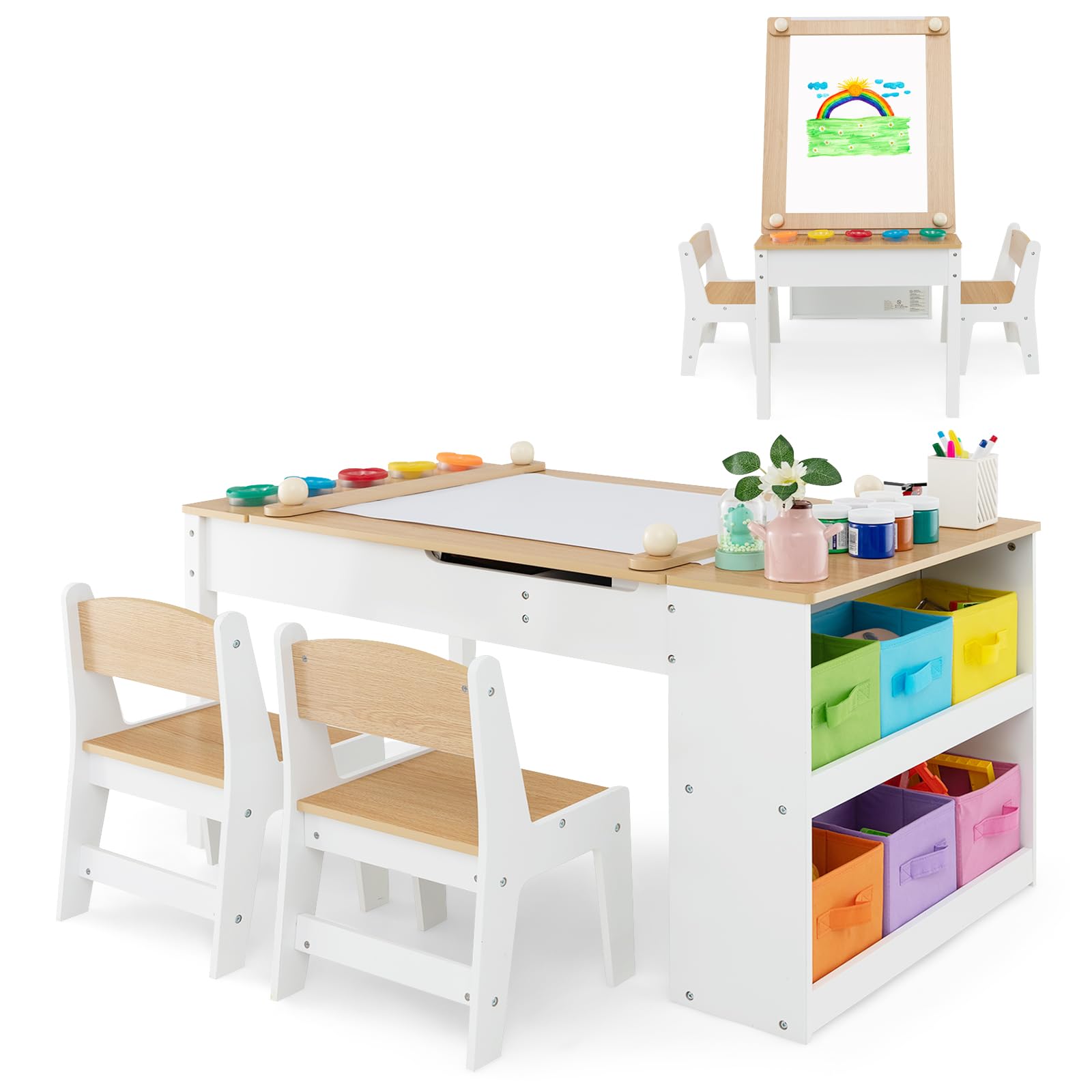 DREAMADE Table à Dessin et 2 Chaises en Bois Enfants,Bureau d'art Tout-Petits avec Plateau Inclinable&6 Tiroirs en Tissu&5 Palettes&Rouleau de Papier,Charge 91+75KG(Naturel)
