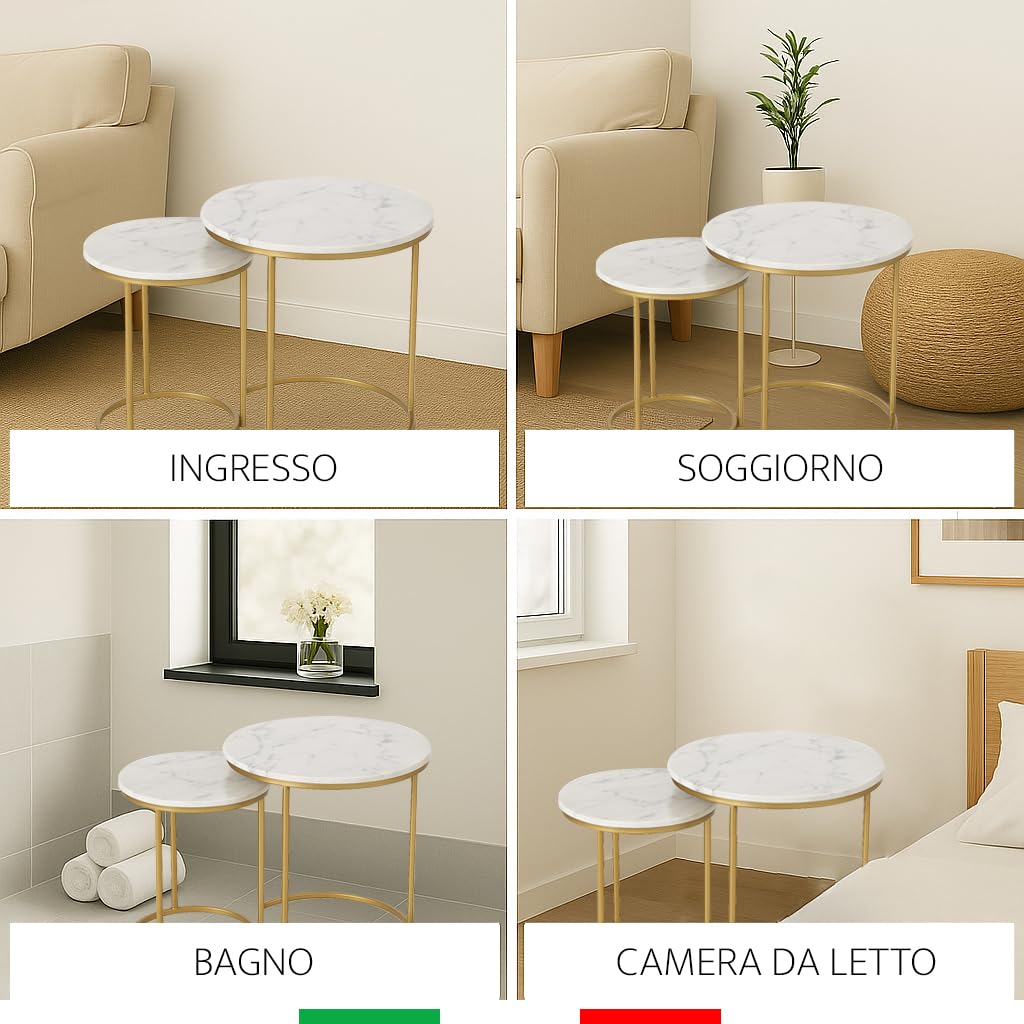 Generico DOMUSTREND Set 2 Tavolini da Salotto Rotondi, Piano Effetto Marmo Bianco e Base Oro, 44x44x40 cm e 34x34x35 cm, Stile Moderno Scandinavo