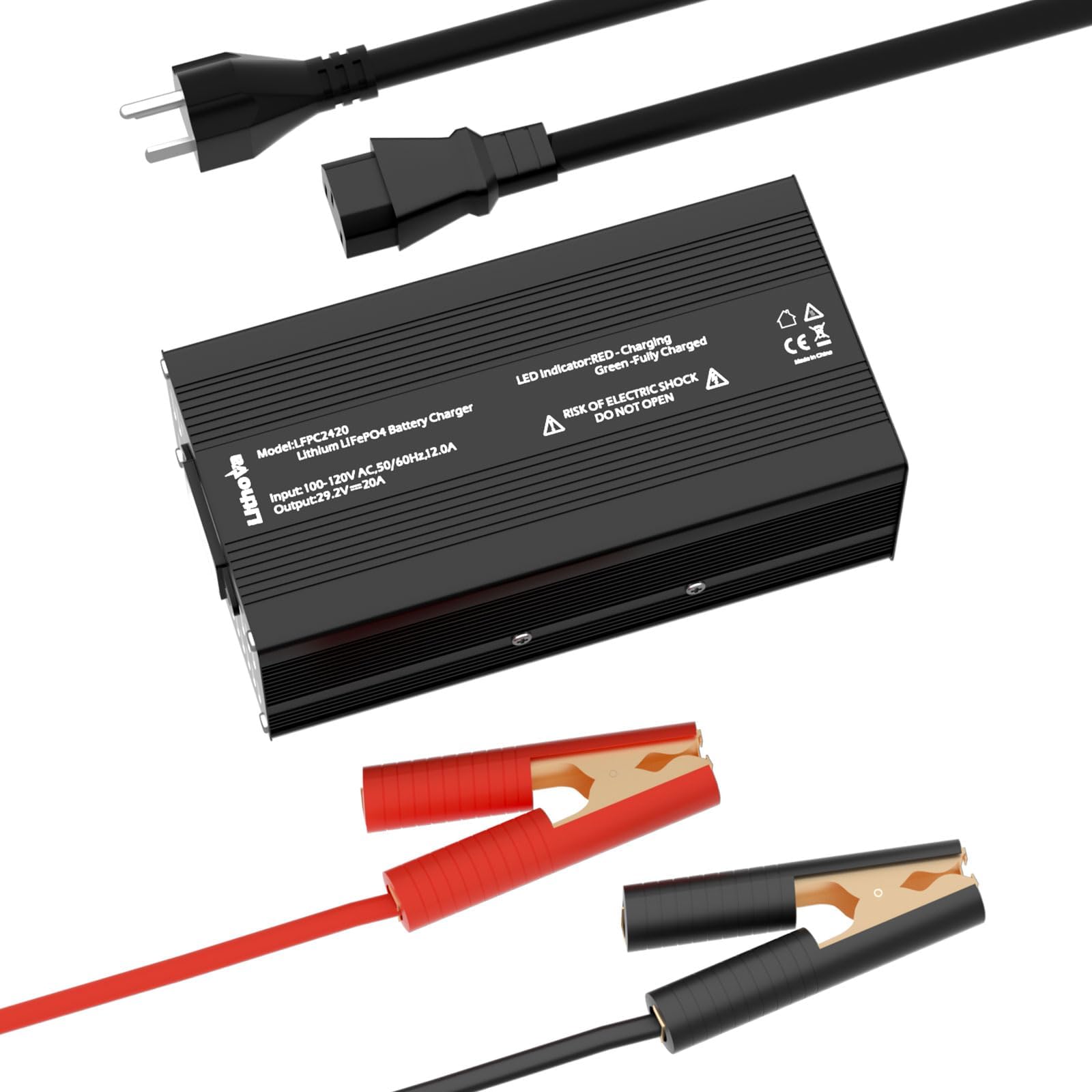 Lithova 29.2V 20A Lithium Battery Charger with LED Indicators, Built-in 4 Safety Protections LiFePO4 Charger, Support Fast Charging and 0V Charging Function