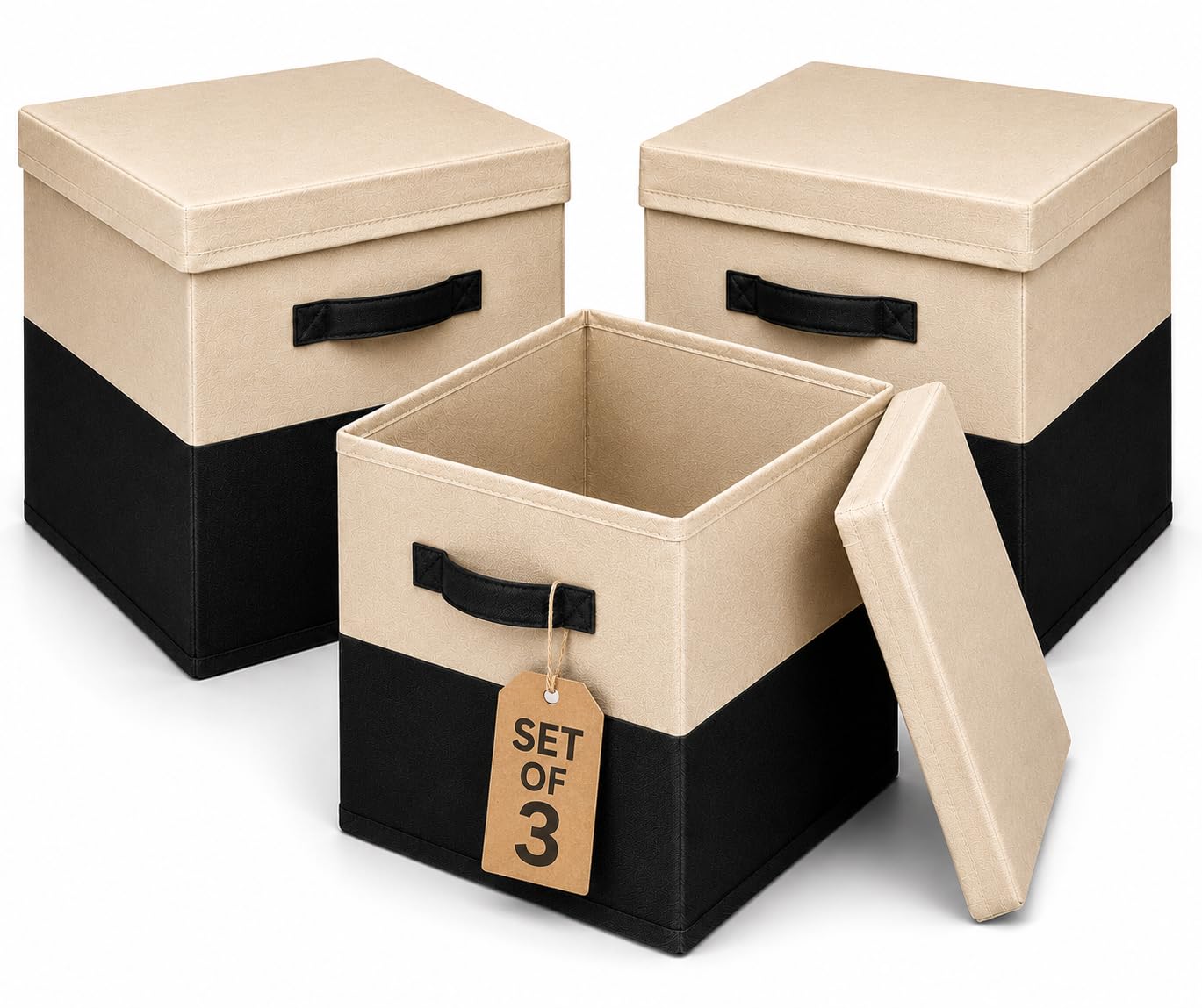 A406 Set of 3 Storage Boxes with Lids, Foldable Fabric Cube Storage Bins with Handles, Storage Basket Organiser for Kallax Shelving Units, Toy Clothes Book Storage Boxes (Beige/Black, 25x25x25cm)