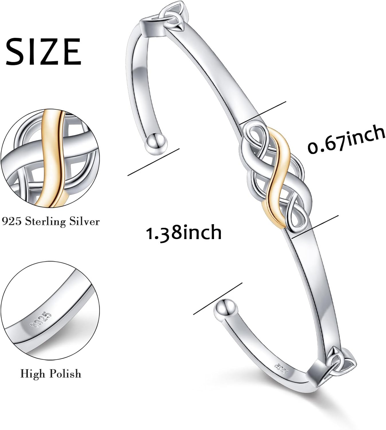 FLYOW Two Tone Irish Celtic Knot Bracelet 925 Sterling Silver Infinity Love Good Luck Irish Cuff Bangle Bracelet Birthday Valentine's Day Gifts Jewelry for Women - Image 5