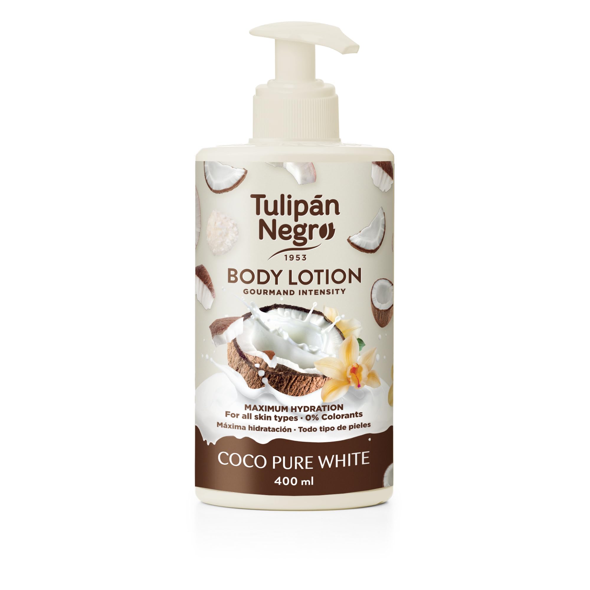 Tulipán Negro Loción Corporal con dosificador Coco Pure White, máxima hidratación 400 ml, intensamente perfumado y para todo tipo de pieles