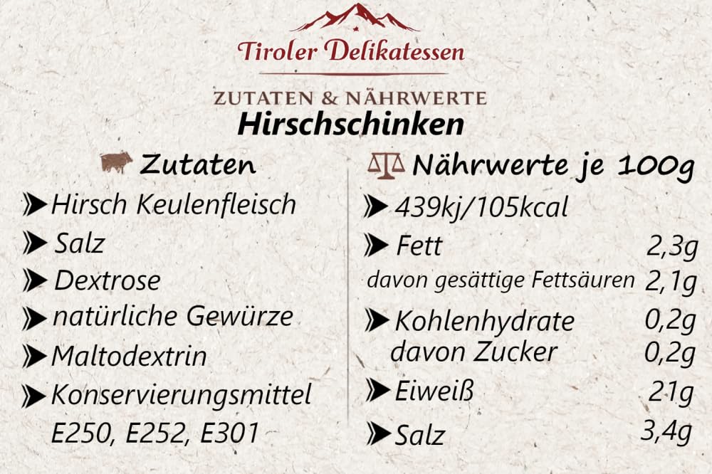 Almgourmet - Hirschrohschinken - 2 Stück je 250g - 100% Hirschfleisch - 3 Monate luftgetrocknet