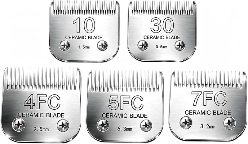 Detachable Pet Clipper Blades Dog Grooming Clipper Replacement Ceramic Blades Set, Compatible with Andis, Wahl, Oster(Size 30#+10#+4FC+5FC+7FC,Cut Length0.5mm-9.5mm)