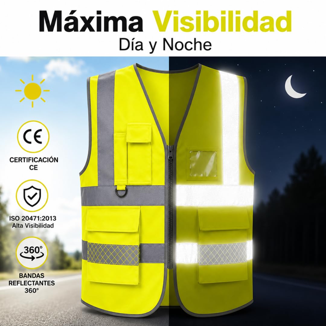 Chaleco Reflectante con Bolsillos y Cremallera Pack 2 Unidades | Chaleco Reflectante Homologado DGT Alta Visibilidad ISO 20471 | Chaleco Seguridad Trabajo Coche Moto Bicicleta Talla L Universal
