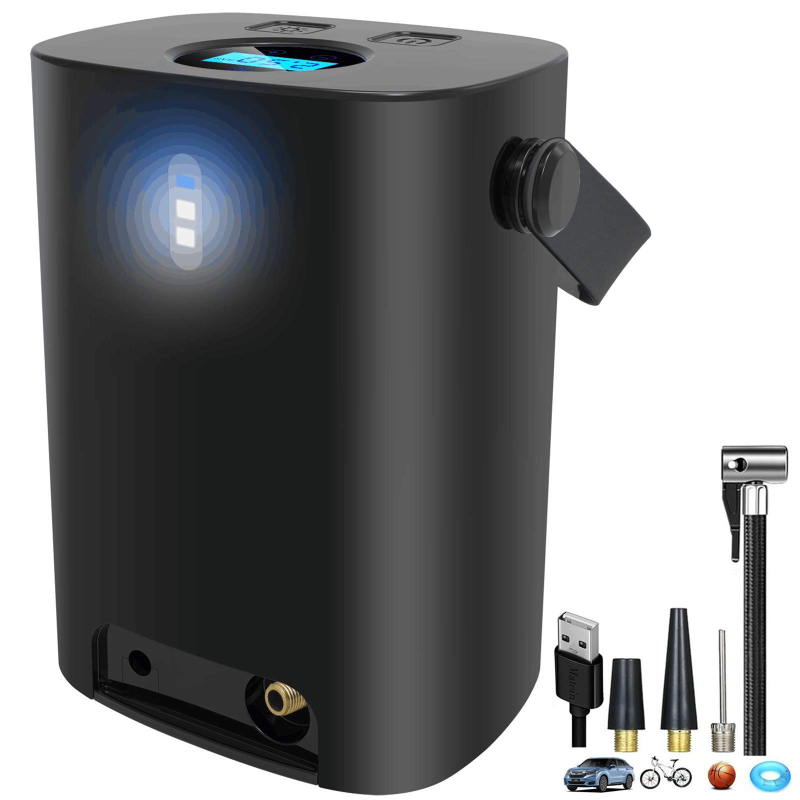 Portable Cordless Tire Inflator Air Compressor,150PSI Tire Pump with USB Rechargeable Wire & LED Light for Tires, 12V Electrical Auto Air Pump for Car Bicycles Motorcycle and Other Inflatables,Black