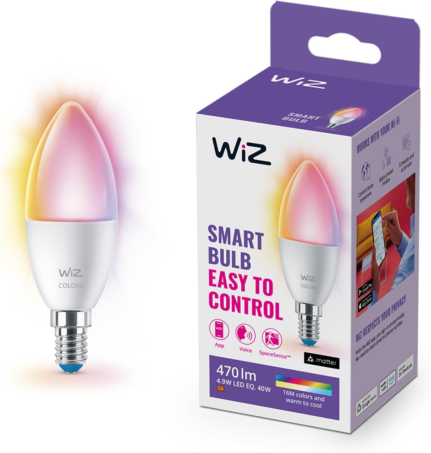 WiZ Candle C37 E14 Smart LED Bulb (929002448802) – WiFi + Bluetooth, 40W Equivalent, RGB Colour Changing, 2200K–6500K Tunable White, Dimmable, Works with Alexa & Google Assistant