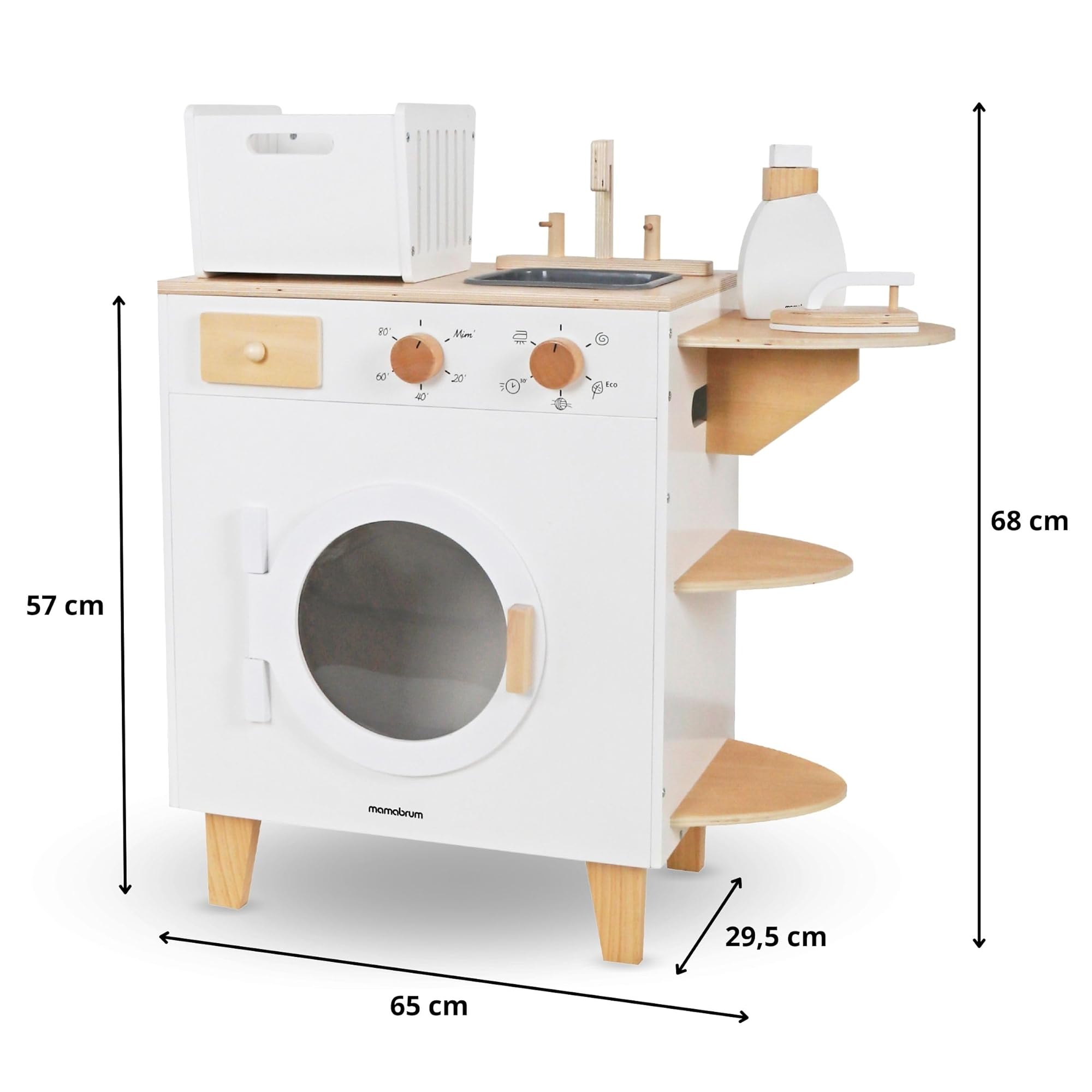 Mamabrum Lavadora Juguete Madera con Tabla Planchar, Cesto y Accesorios - Set Limpieza Juguete para Niños +3 Años - Incluye Escoba y Fregona - 65 x 29,5 x 68 cm