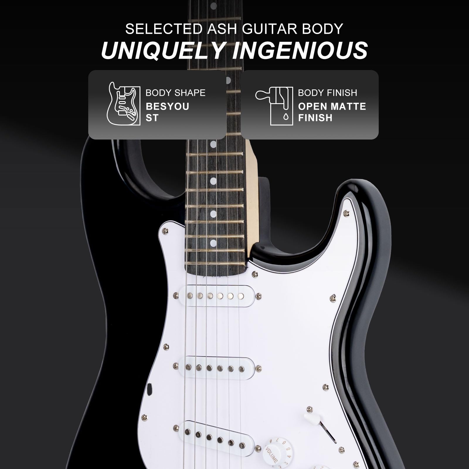 E-Gitarre 39 Zoll Anfänger E-Gitarre Kits mit Verstärker Classic SSS Tonabnehmer Komplett mit Gigbag Tuner Kapodaster Gurt Plektren Gitarrensaitenwickler Schwarz