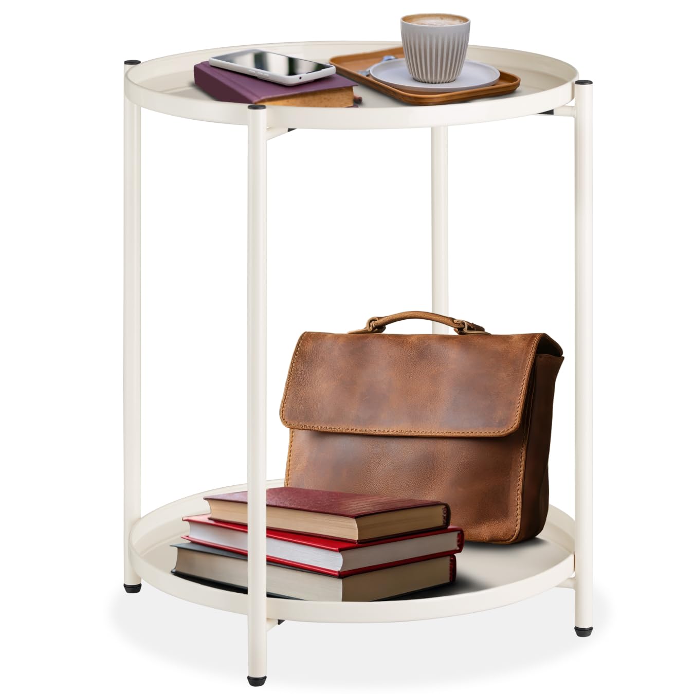 tectake® Tavolino Salotto 45,5 x 45,5 x 53 cm, Tavolino da salotto Tondo Basso, Mobile Soggiorno, Ripiano a Vassoio, Mobiletto Salvaspazio Divano, Camera, Ufficio, Soggiorno, Design Rustico - Crema