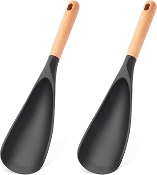 2 Pcs Wooden Handle Silicone Cooking Spoon Set for Nonstick Cookware Cooking, Baking, Stirring ,BPA-Free Heat-Resistant Spatula for Mixing, Flipping, Scraping 2 Pcs Black