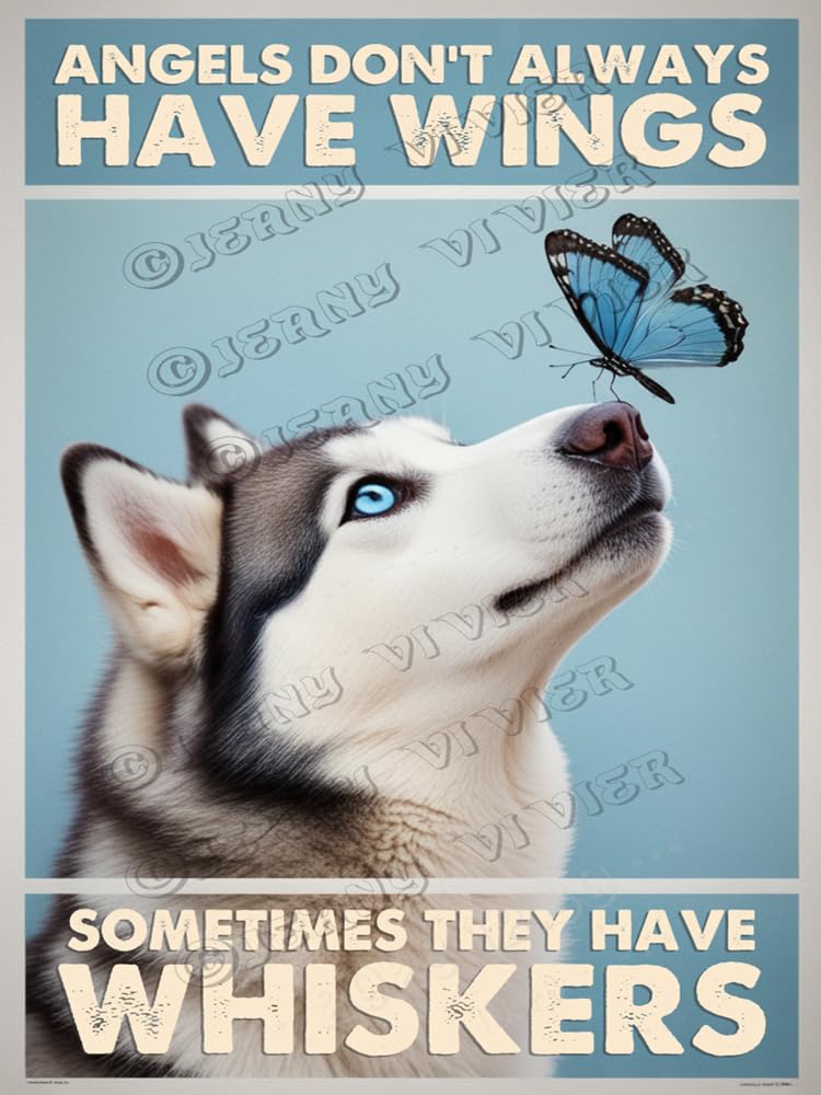 Husky Retro Metal Sign - Angels Don't Always Have Wings, Sometimes They Have Whiskers - Wall Decor for Dog Lovers - 12x16 Inches