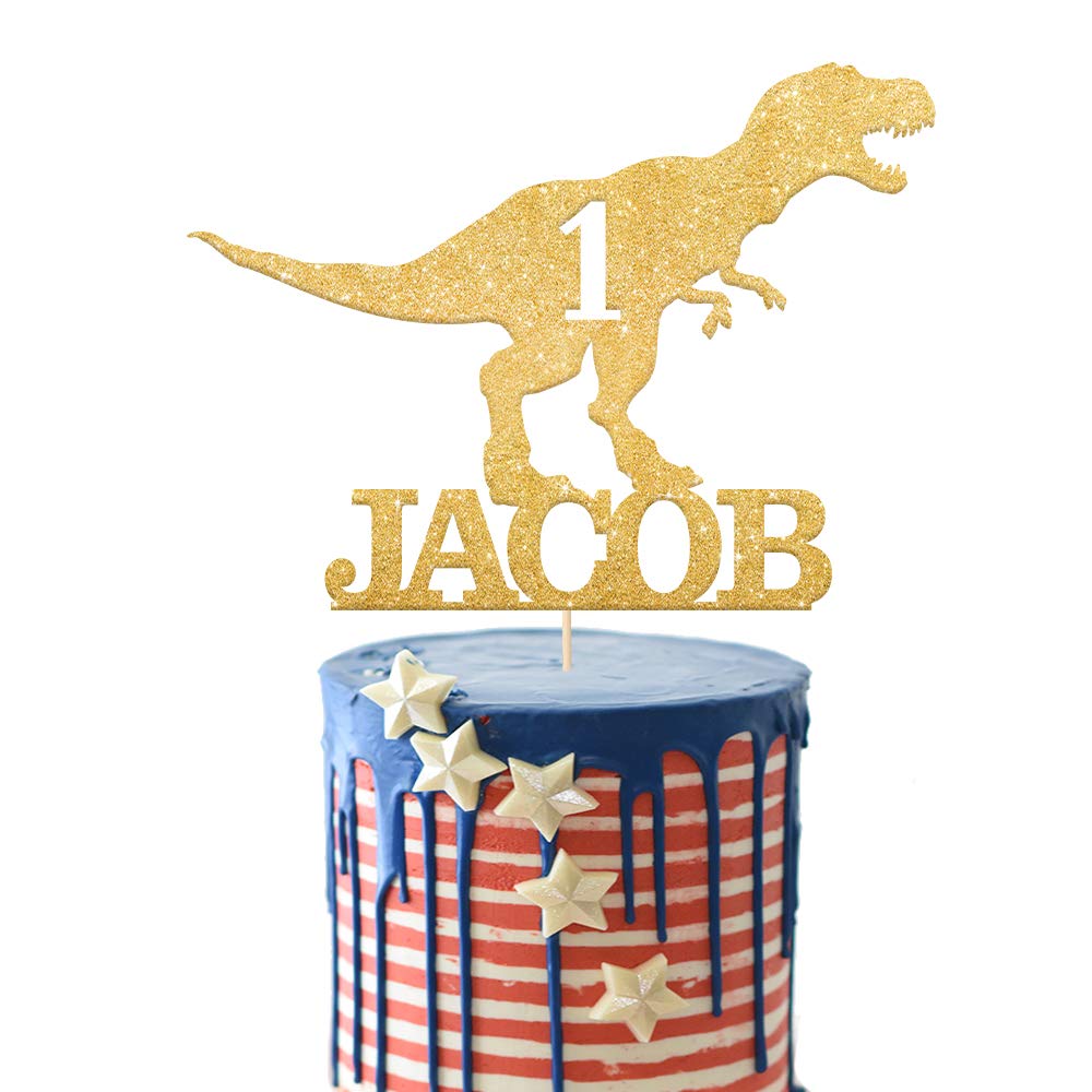 EDSG Personalised Dinosaur Cake Topper for Boy | Multicolour Glitter Dragon Topper for 1st, 3rd, 5th, 7th, 9th, 13th Birthdays (Gold)
