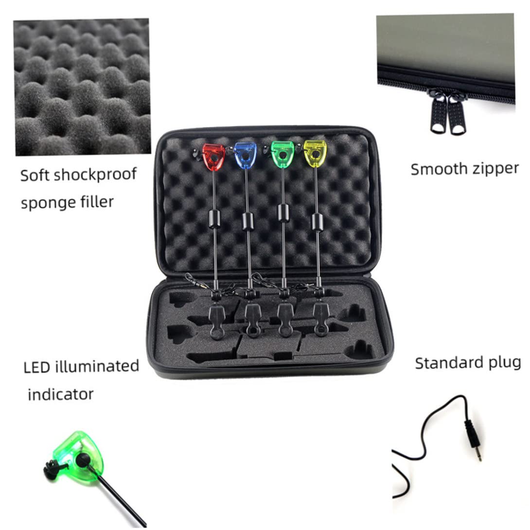 Alarmas de mordida Pesca de Carpa 4 Piezas 13 Pulgadas LED Alarma de mordedura de Pesca con Caja de Transporte Rojo Amarillo Azul Verde Indicadores de Swing Alarmas Aparejos