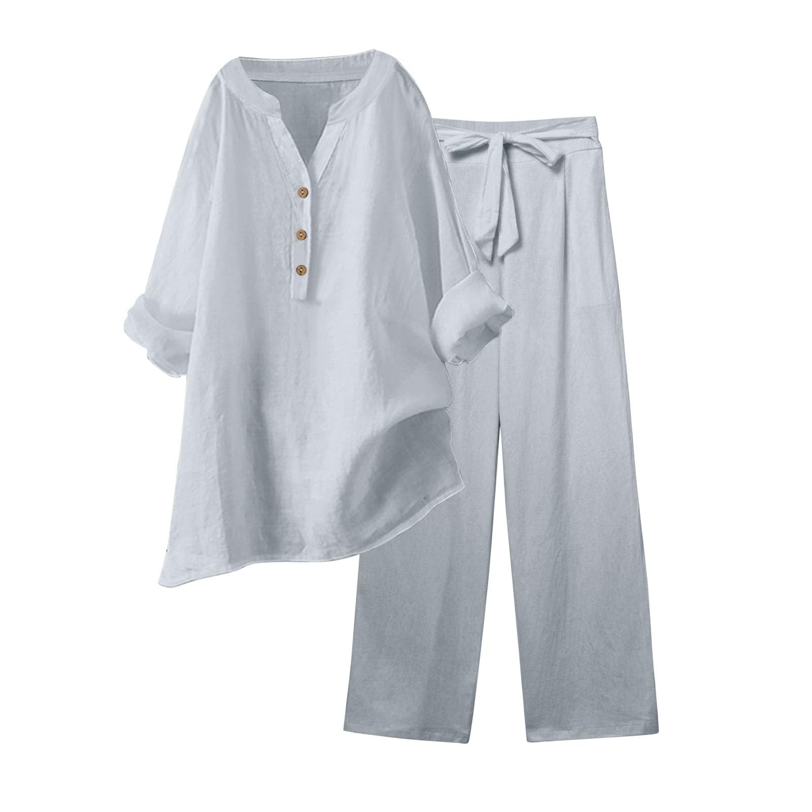 KBOPLEMQ Traje de pantalón para mujer, 2 piezas, elegante, de lino, de dos piezas, monocolor, traje de tiempo libre, muselina, traje de lino, tallas grandes, conjunto de muselina de verano, manga