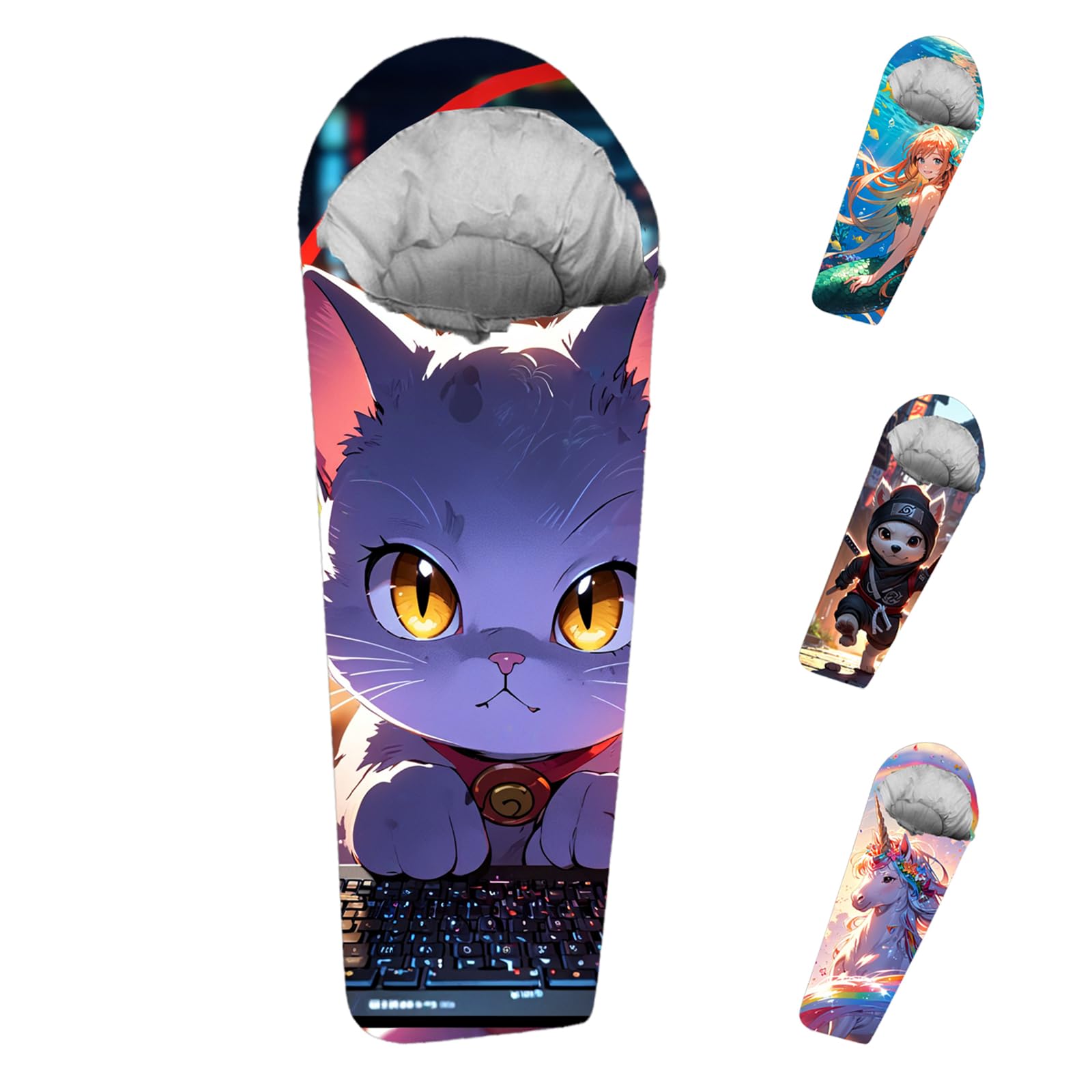 Mummy Style 32 – 59F Kids Sleeping Bag with Pillow Sleeve, Full Scale Digital Printing Unicorn, Mermaid, Kitty or Puppy, Lightweight, Ideal for