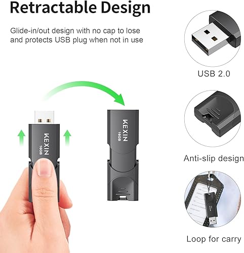 Miniatura 2 de KEXIN Unidad flash de 16 GB, paquete de 10 unidades USB 2.0, memoria USB 2.0, almacenamiento de datos USB (16 GB, negro)