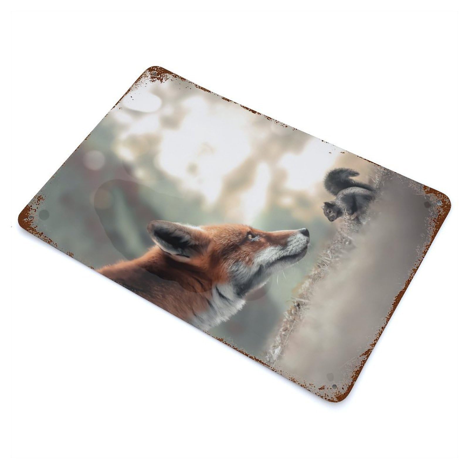 Garage Style Fox Meets Squirrel Weathered Tin Sign 11.8"x7.9", Classic Wall Plaque for Bar And Workshop