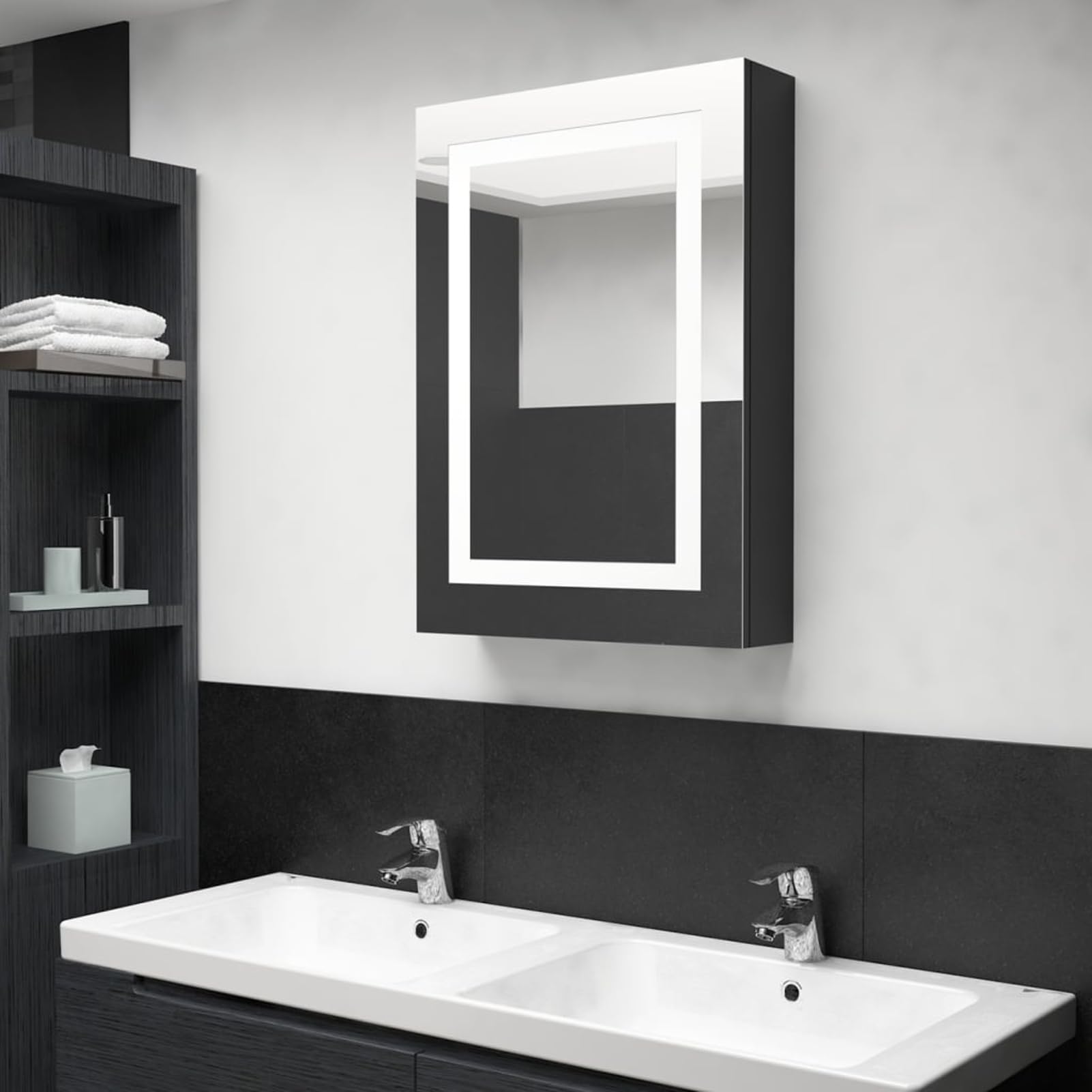 ATOMSTACK MAKER Spiegelschrank Badezimmer, 50x13x70 cm, glänzend schwarz mit 3 Regalen, sanften Pufferscharnieren & USB-Anschluss – modern, energieeffizient, für Make-up & Rasur