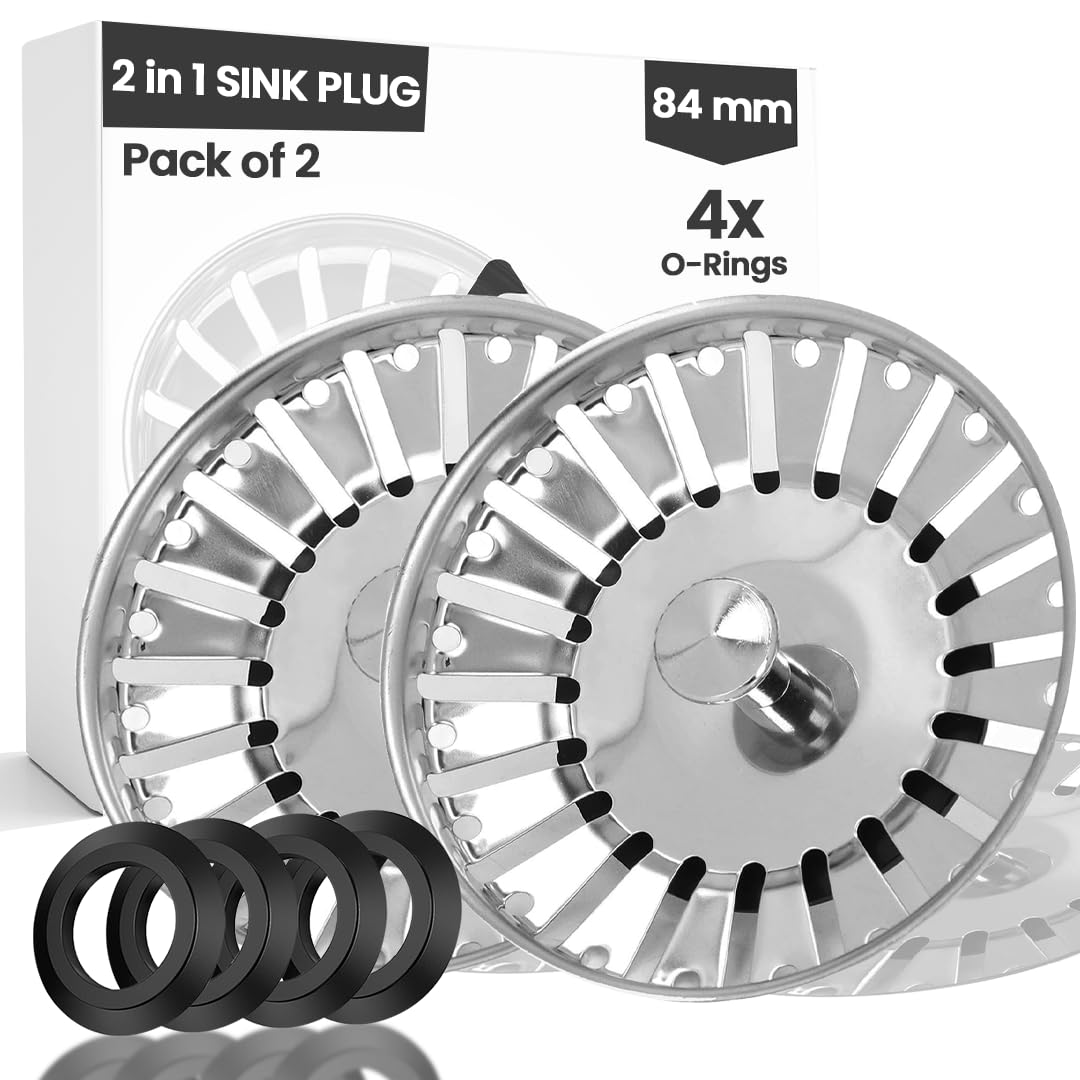 Fixciti 84mm/2Pcs Sink Strainer UK Plug - Stainless Steel, Anti-clog Kitchen Sink Plug Replacement With 4 Rubber Seals - Dual Functional Sink Drain Strainer - Food Catcher, High Flow Strainer