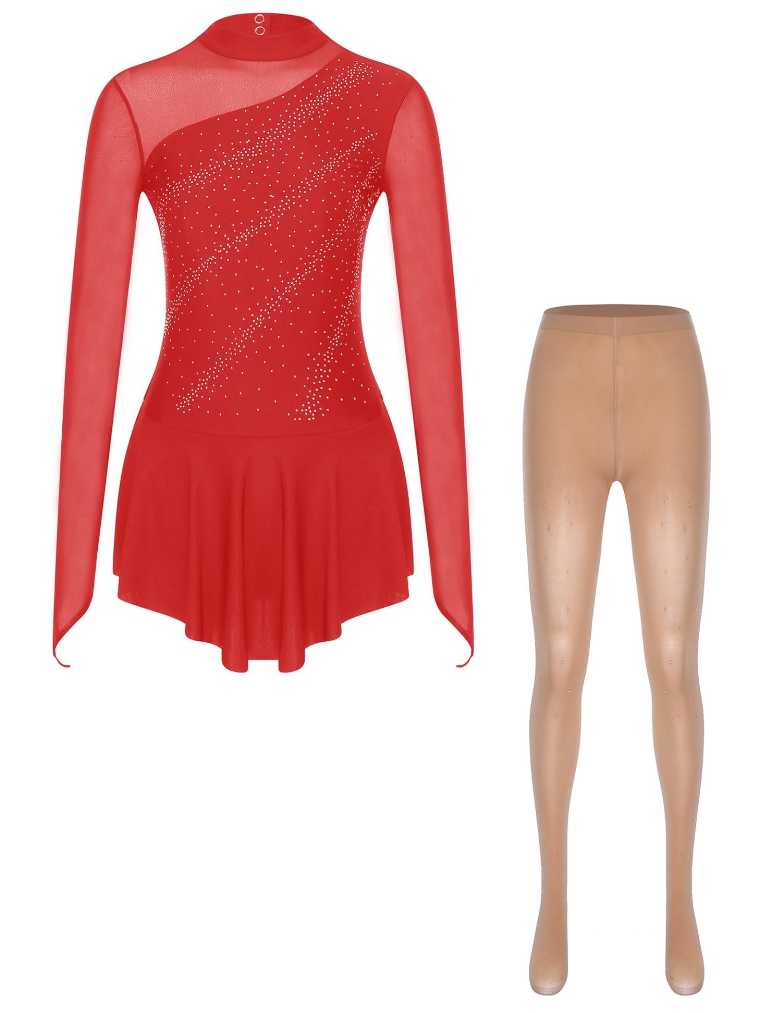 Jugaoge Vestido de mujer de manga larga para patinaje artístico, malla brillante, empalme, traje de gimnasia con falda tutú + ballet danza medias de competición