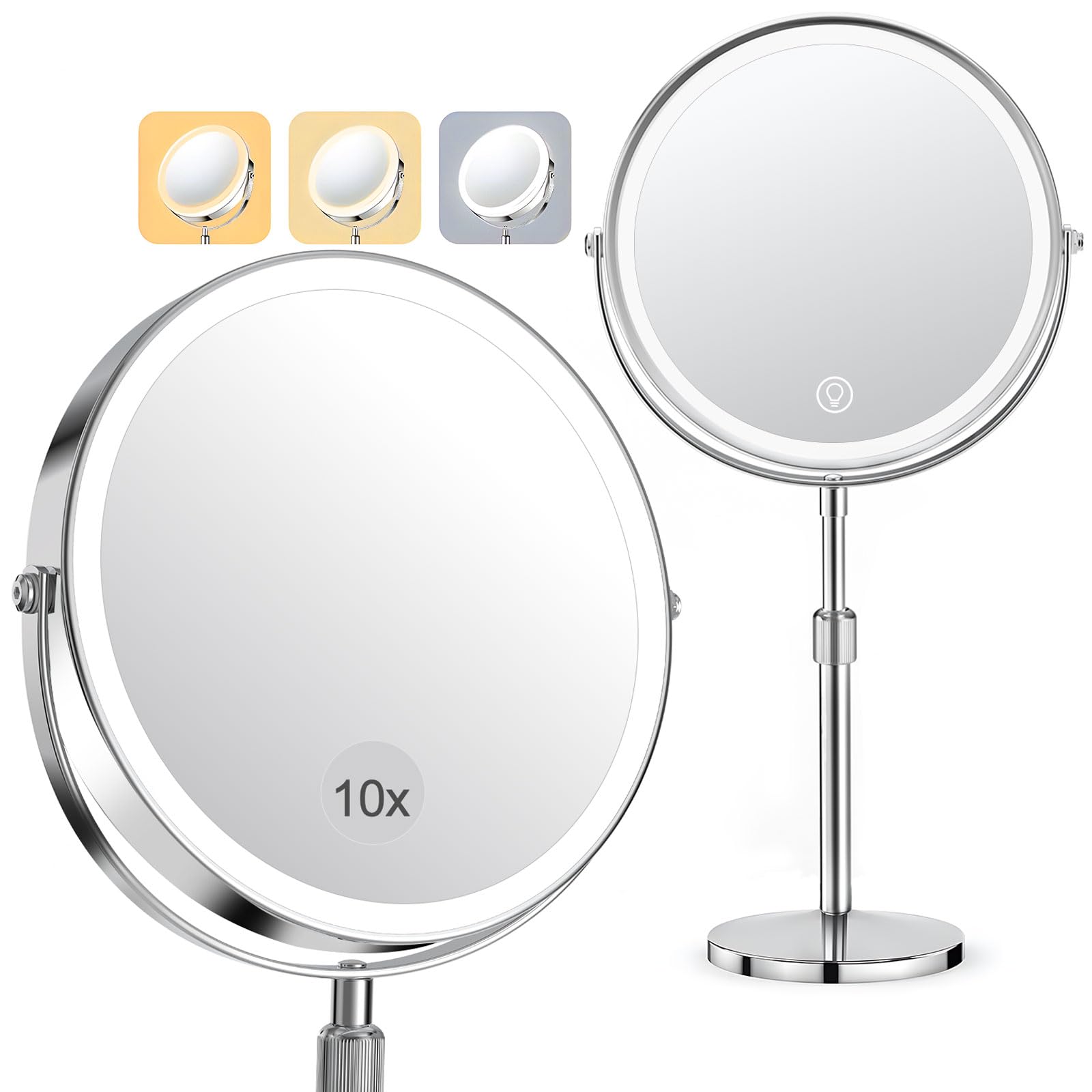 NUSVAN Specchio Da Trucco Con Luci LED, 25x30 Cm, 3 Modalità Di Luce, Ingrandimento 10x Staccabile, Touch Control, Rotazione 360°, Bianco - 2
