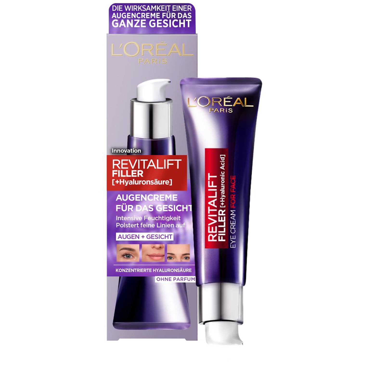 L'Oréal Paris Hyaluron Augenpflege, Anti-Aging Augencreme für das Gesicht, Anti-Falten und Volumen, Mit Hyaluronsäure, Vitamin CG & E, Revitalift Filler, 30 ml (Packung mit 10)