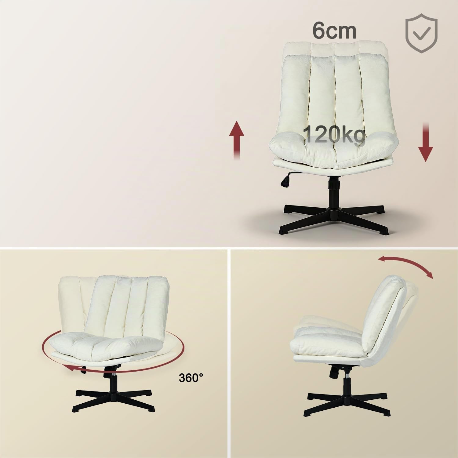 MEUBLE Cosy Silla de Oficina Giratoria 360° Función de Inclinación, Altura Ajustable, Acolchada con Espuma en Tela, para Escritorio Estudio, sin Ruedas, Beige