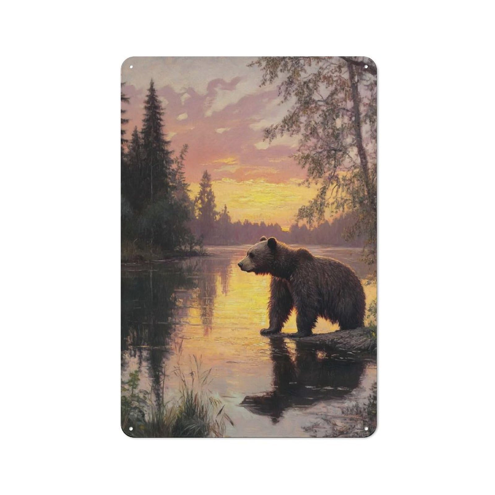 Junmoney Bear At Sunset Tin Wall Plaque 30X20cm With For Guest Room Or Hallway, For Metal Sign Collectors, For Garage And Workshop Walls
