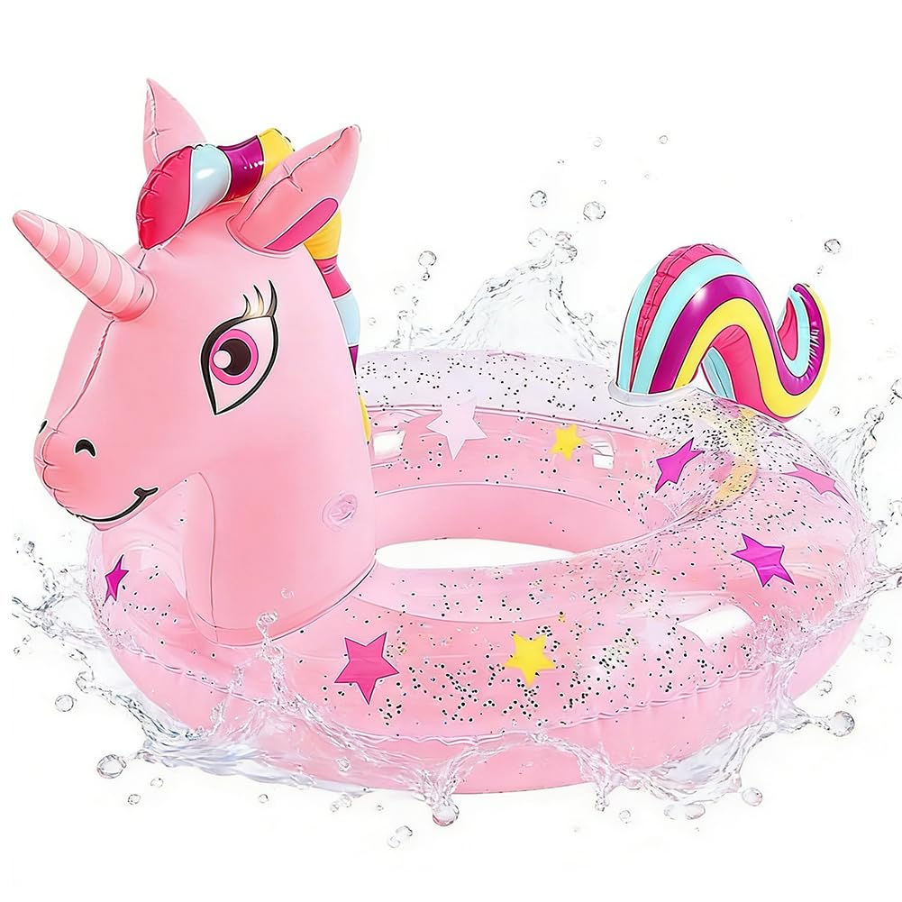 Unicorn Pool Inflatables Floats, Inflatable Swimming Rings for Adults Kids, Pool Float Inflatable Rings with Glitter Swimming Pools Float Toy for Girls Boys Beach Summer Party Water Sport