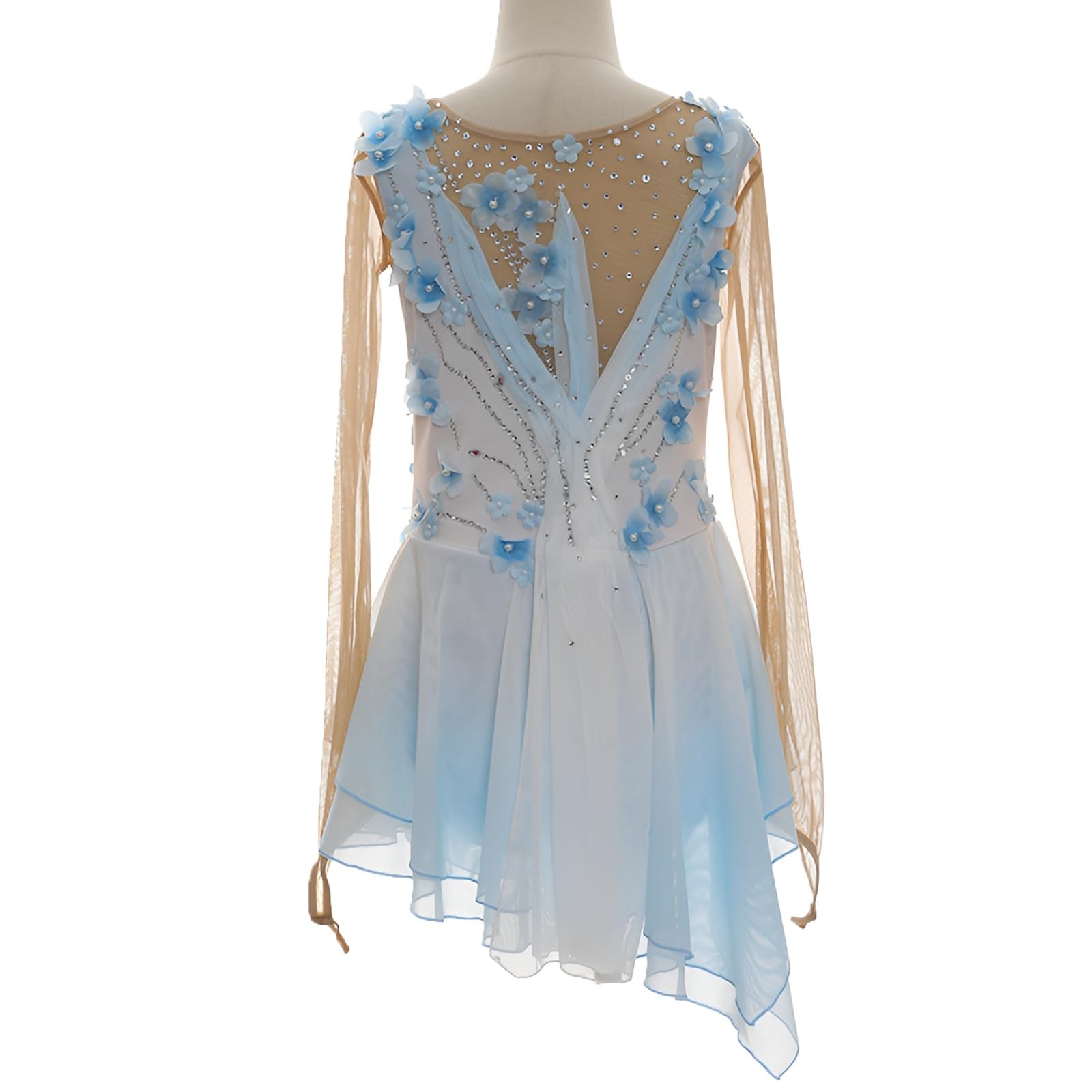 Figure Skating Dresses for Girls, Women's Long Sleeves Competition Ice Skating Dresses with Crystals Decorate(XX-Large) Blue