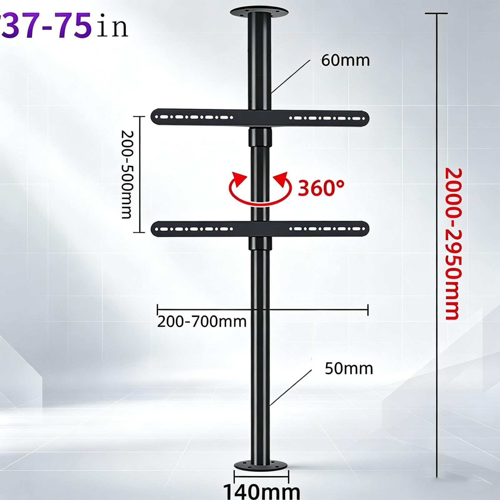 Podwójny wspornik sufitowy do telewizora z regulacją wysokości, pasuje do 37-75 cali, pełny obrót o 360 cm (200-295 cm)