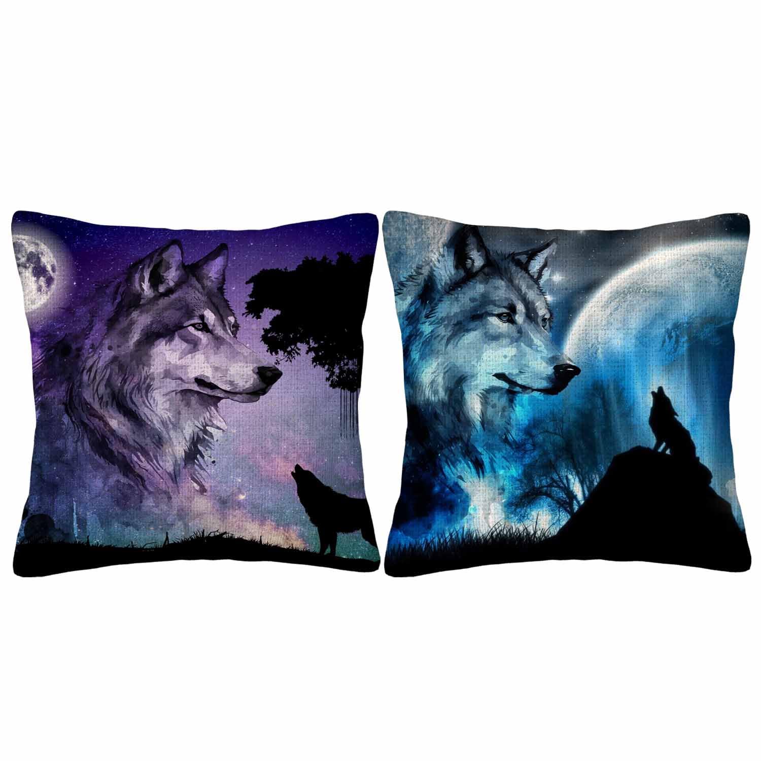 GSRONY Wolf Throw Pillow Covers Set of 2,Blue Forest Wolf Howl Under The Moon Decorative Pillow Case Home/Car Decor 18X18 Inches Two Pillowcases