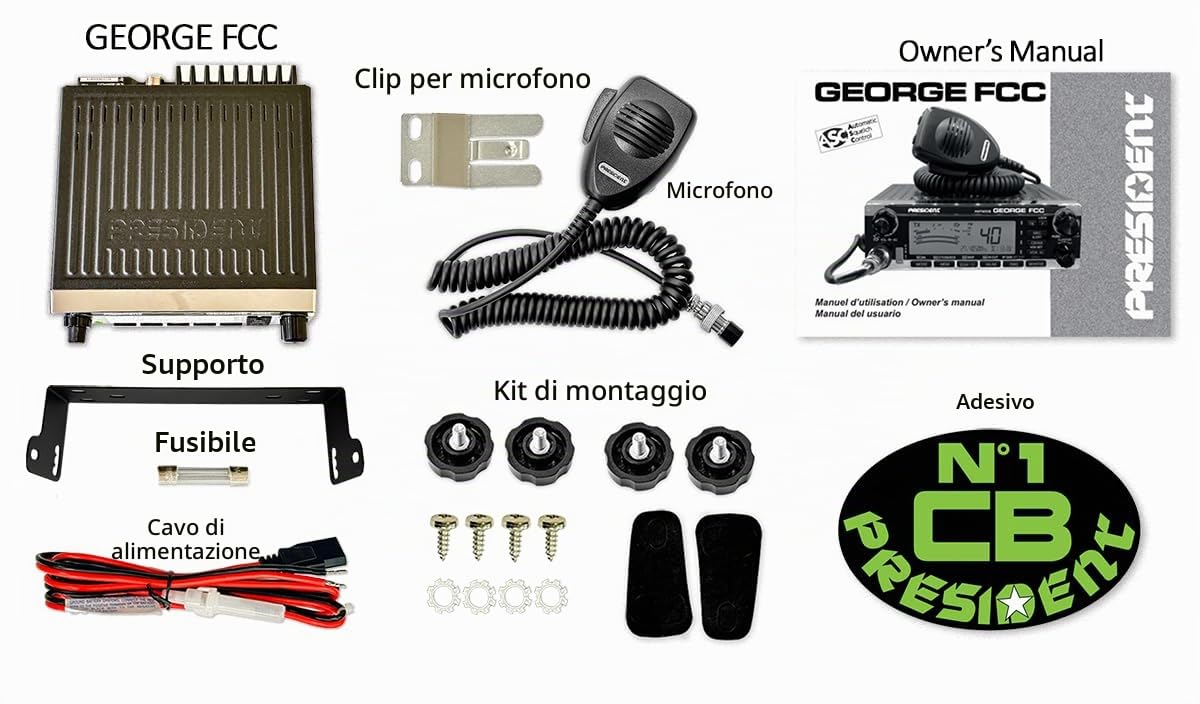 President George FCC AM/FM/SSB CB Radio, CTCSS/DCS, ampio display LCD a 7 colori, canale meteo/allarme, ASC, VOX, salto scansione, porta USB, NRC, SWR automatico, PA, SWR e protezione di tensione