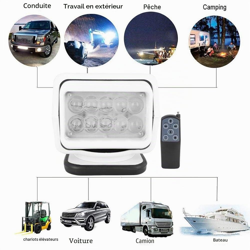 Projecteur LED, projecteur de voiture télécommandé 12V 50W, projecteur de travail rotatif à 360 degrés étanche IP56, éclairage longue portée avec base magnétique pour camions, navires, excavatrices