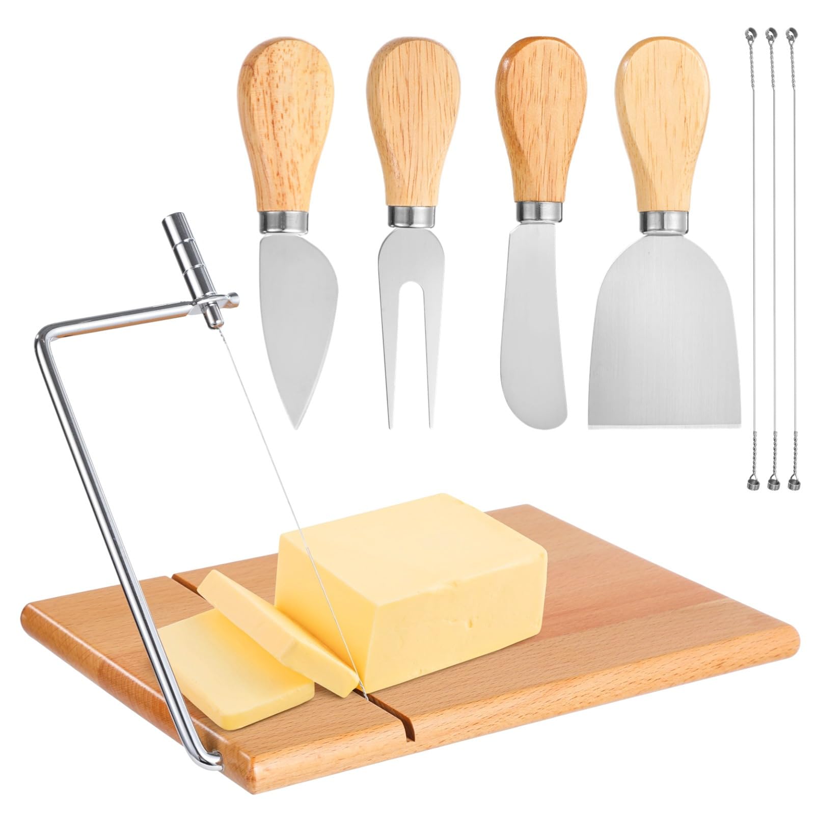 Bosreroy Acacia Wood Cheese Slicing Set with 4 Knives and Adjustable Tension, 3 Extra Quick-Change Wires for Soft & Hard Cheeses