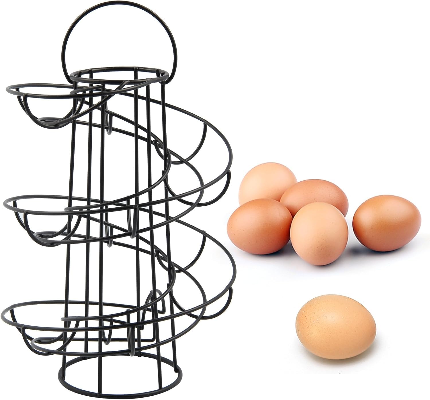 Sunnynest Walnut Modern Spiral Egg Holder - Holds 18 Eggs, Freestanding Fifo Wire Dispenser Rack For Compact Kitchen Countertop Storage