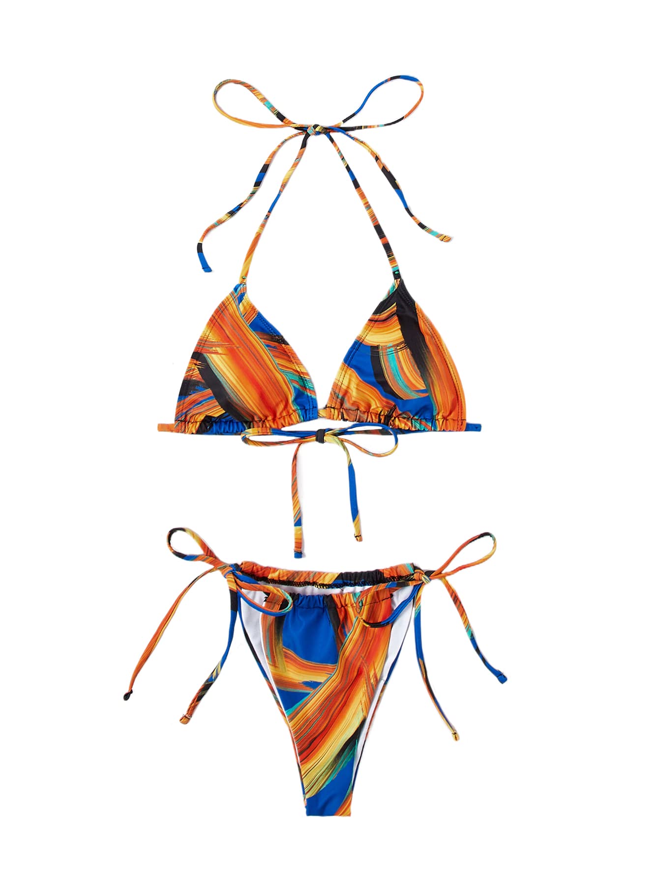 SOLY HUXWomen's Printed Halter Triangle Bikini Set Sexy 2 Piece Swimsuit Bathing Suit Beachwear Blue Orange Multi S