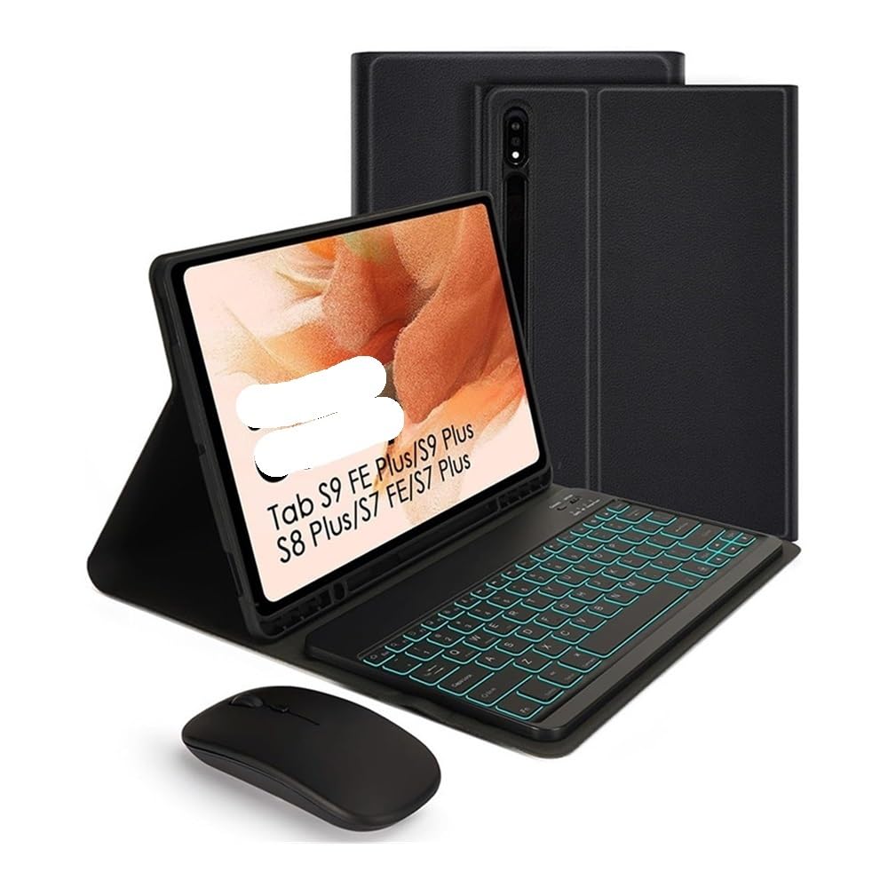 Étui clavier rétroéclairé détachable Galaxy Tab S7 Plus protégeant des chocs avec souris noire