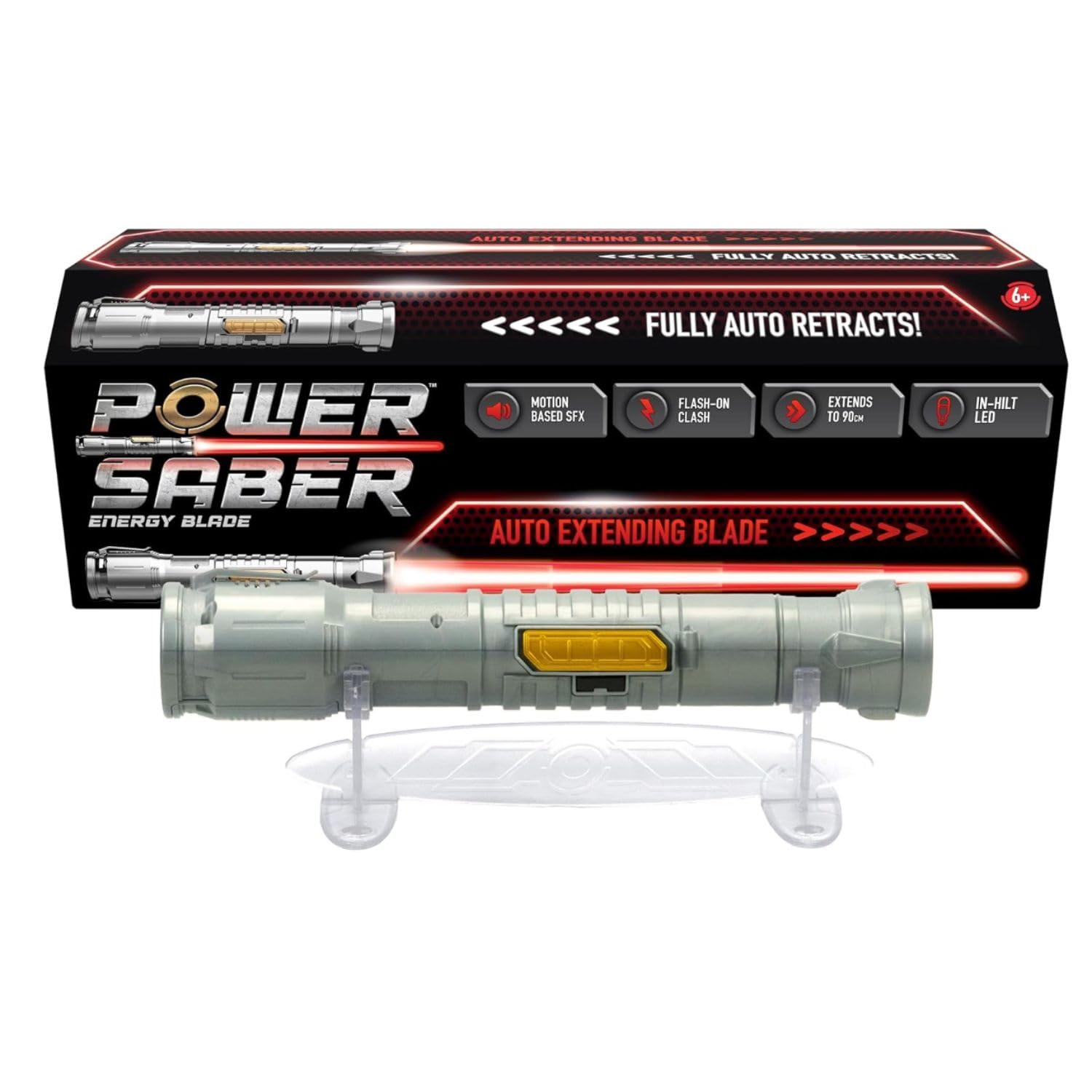 POWER SABER - Czerwony - Miecz laserowy dla dzieci od 6 lat - Automatycznie rozszerzalny i chowany - Realistyczna i bezpieczna świecąca zabawka laserowa - Walka międzygalaktyczna - 30 cm/Rozłożenie 89