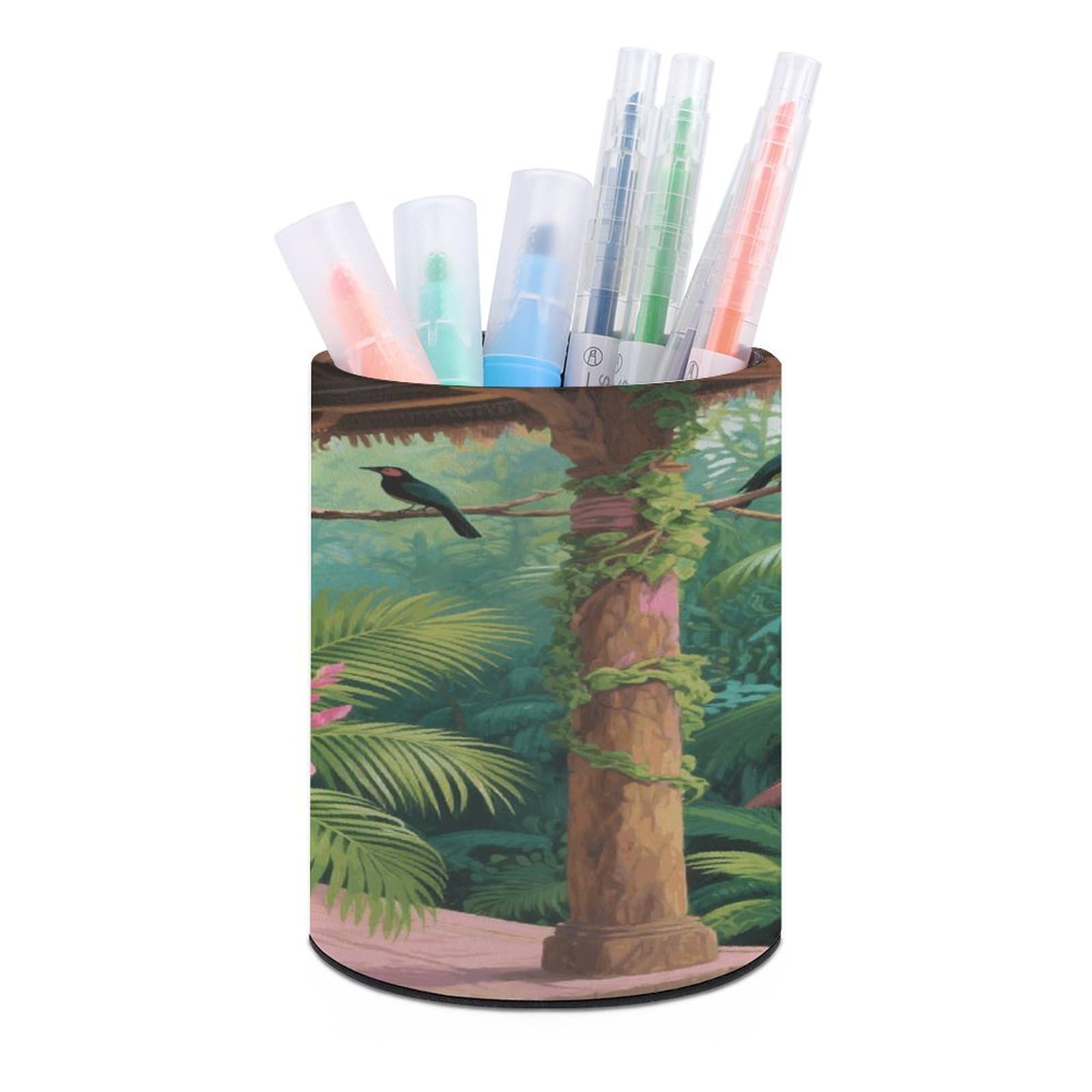VstaDank Tropical Flowers Palm Leaves Pen Holder for Desk Makeup Brush Holders Stylish Pen Cup Cute Pencil Cup Round Pencil Holder Decor Brush Scissor Holders for Multifunctional Office Supplies