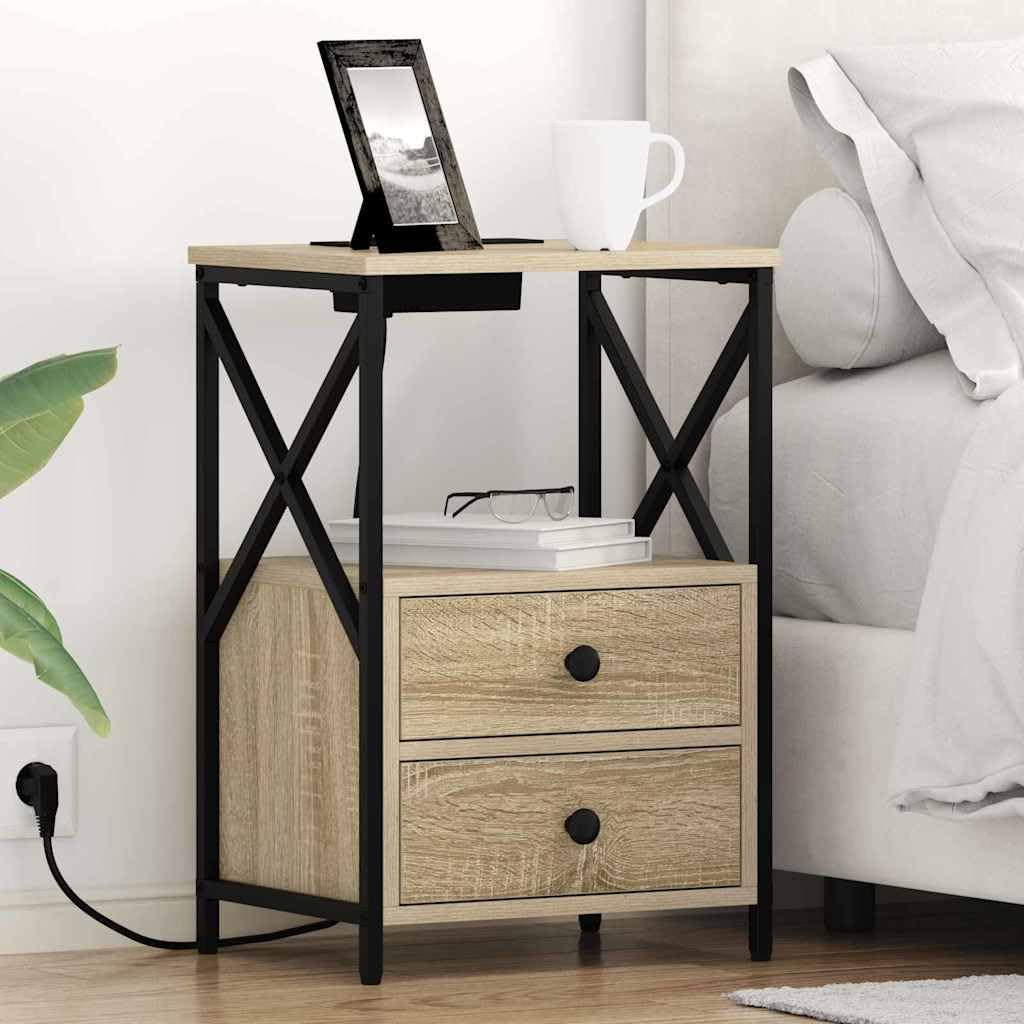 Table de chevet chêne Sonoma chargeur USB table de nuit connectée avec tiroir