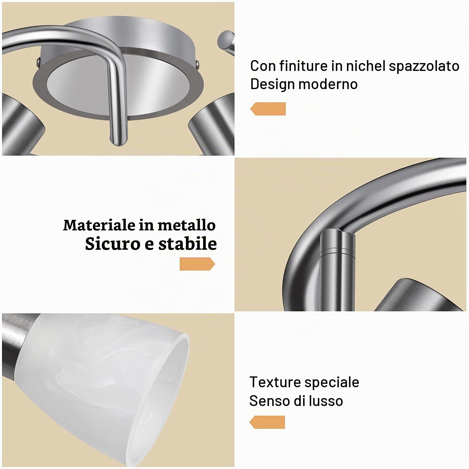 Plafoniera 3 Faretti Orientabili, Lampada da Soggiorno con 3 Luci LED E14, Rotonda, Girevole, Illuminazione Interna per Cucina, Bagno, Corridoio, Senza Lampadine
