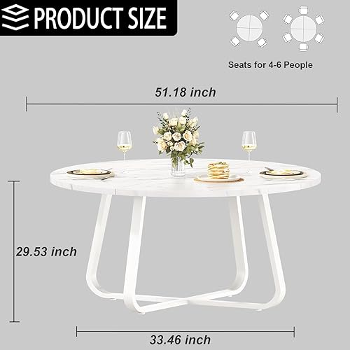 Miniatura 2 de LVB Mesa de comedor redonda de mármol sintético blanco, mesa de comedor circular para 4-6 personas, mesa de comedor con pedestal de mediados de